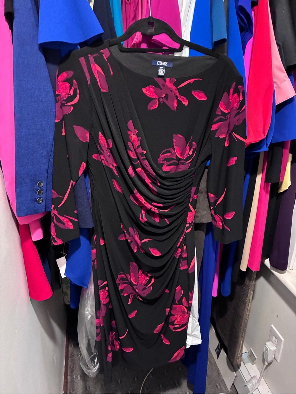 Chaps Black Dress with Red Floral Print and Draped Front